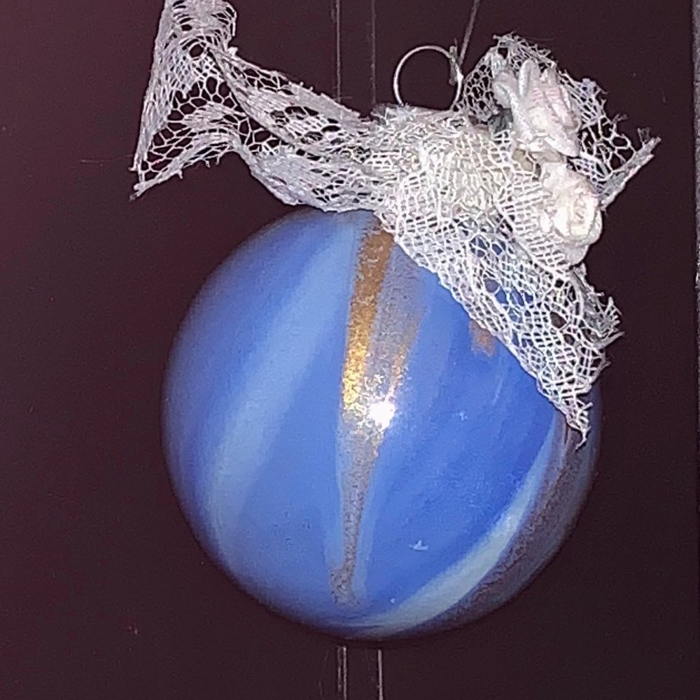 Christmas Ball - Blue, White & Gold Marble Ornament with White Lace